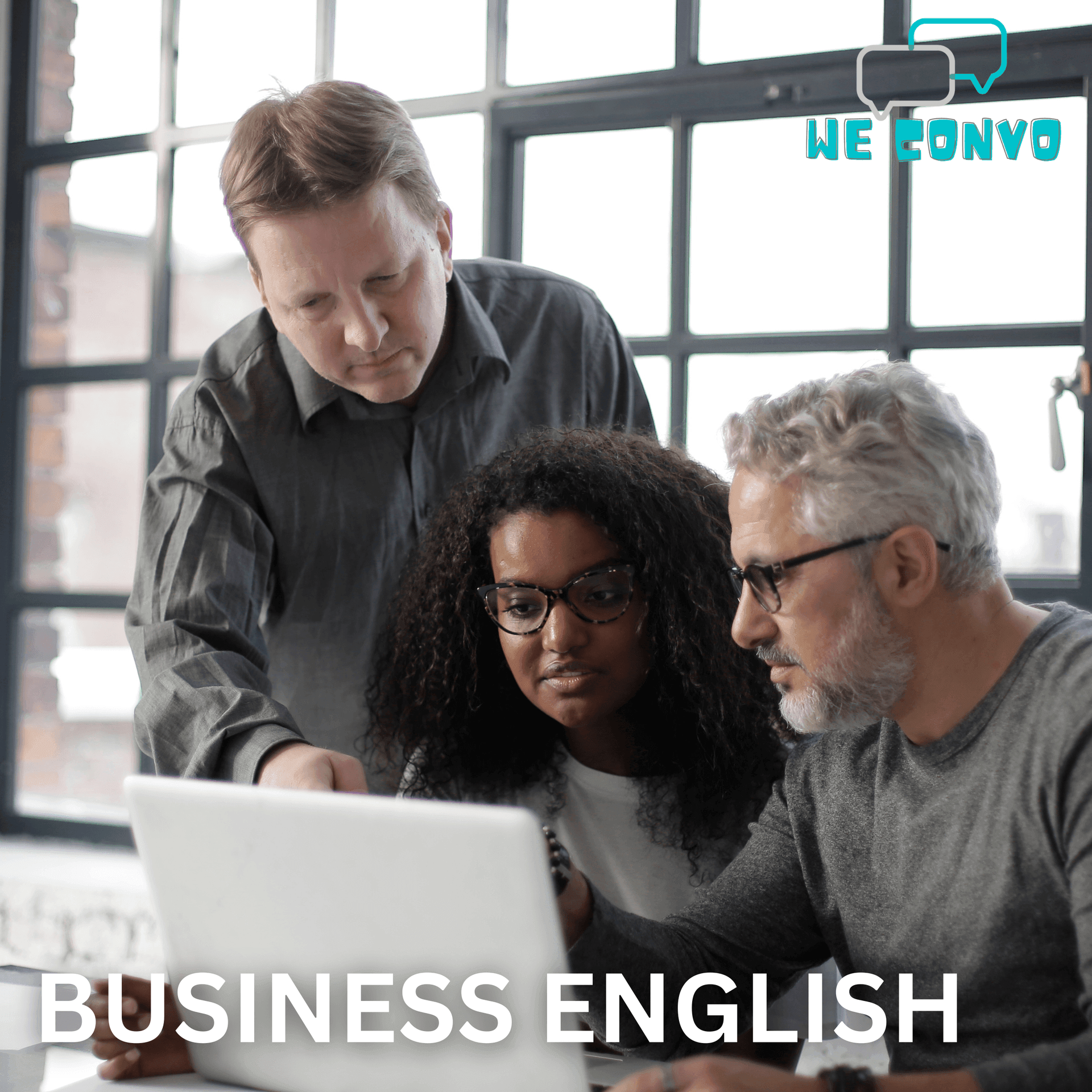 Three people focusing on a laptop screen in an office setting with 'Business English' text overlay.