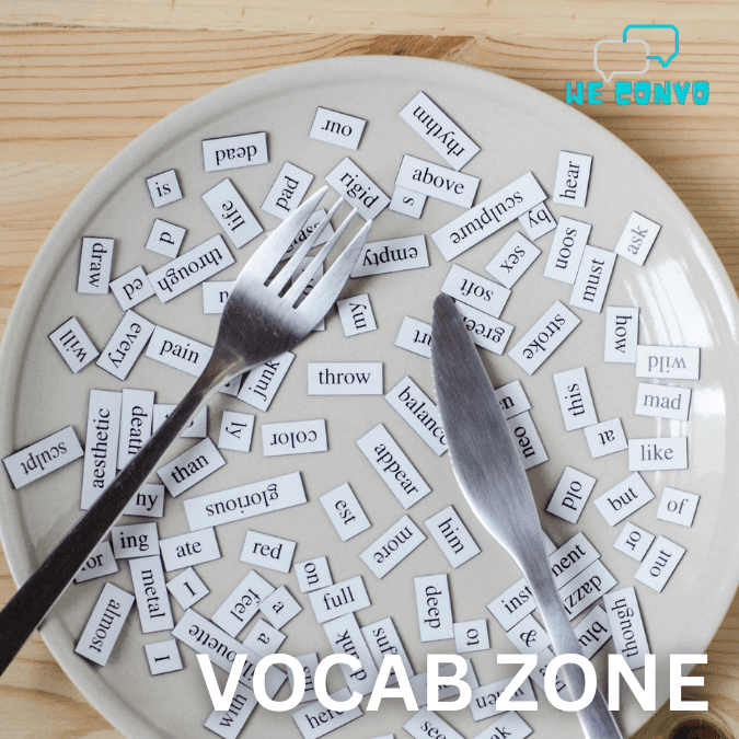 Plate with cutlery and word tiles, labeled 'Vocab Zone', on a wooden table.